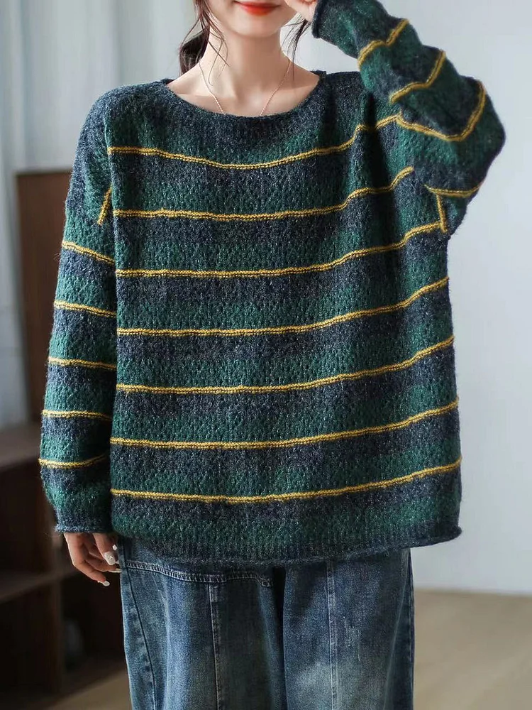 Women Striped Long Sleeve Vintage Loose Sweater
