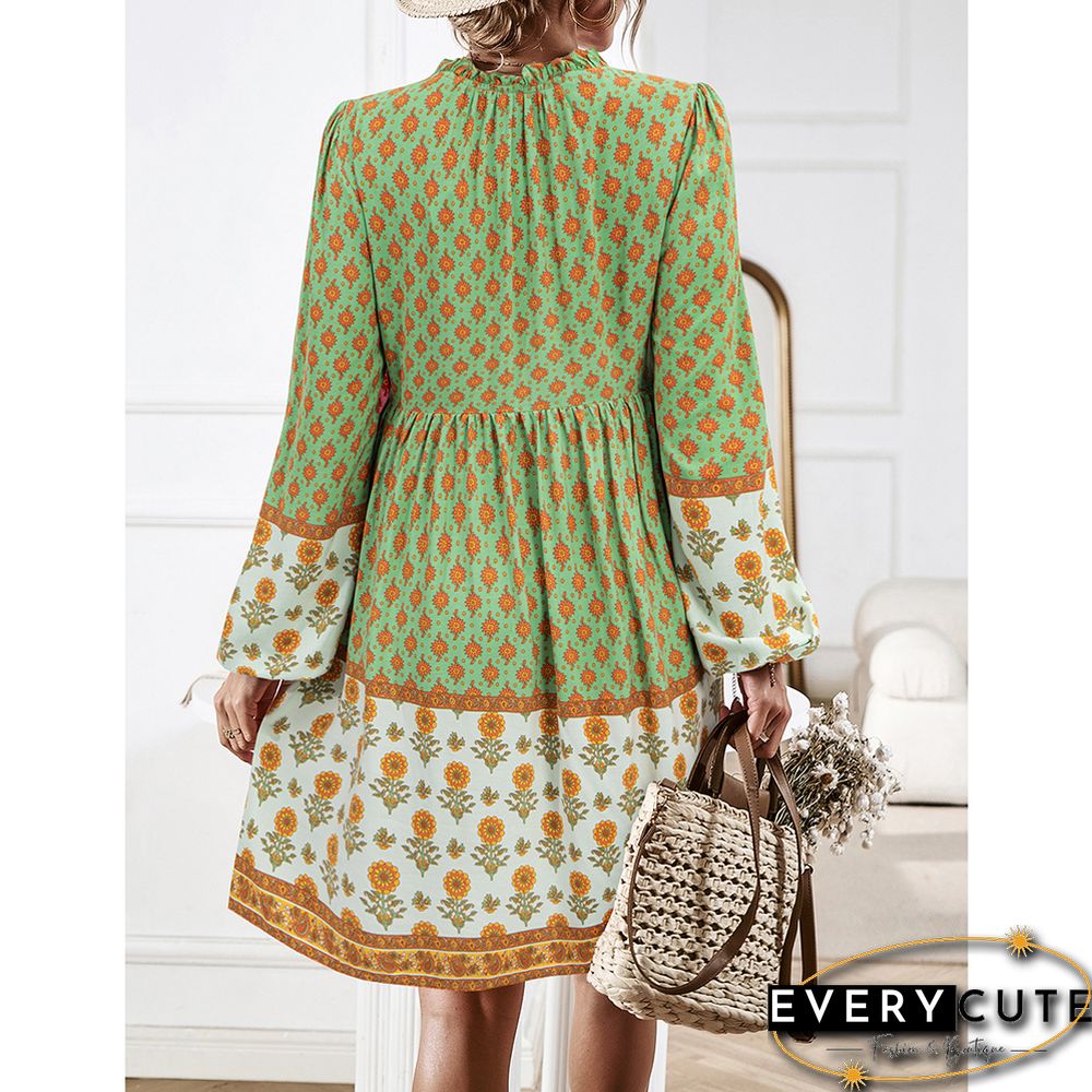 Light Green Bohemia Print Button Detail V Neck Long Sleeve Dress