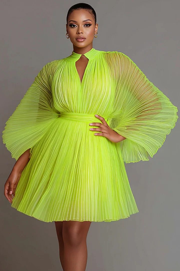 Xpluswear Design Plus Size Party Fluorescent Green Stand-Up Collar Lantern Sleeve Long Sleeve Pleated See Through Tulle Mini Dresses 2024 - Xpluswear