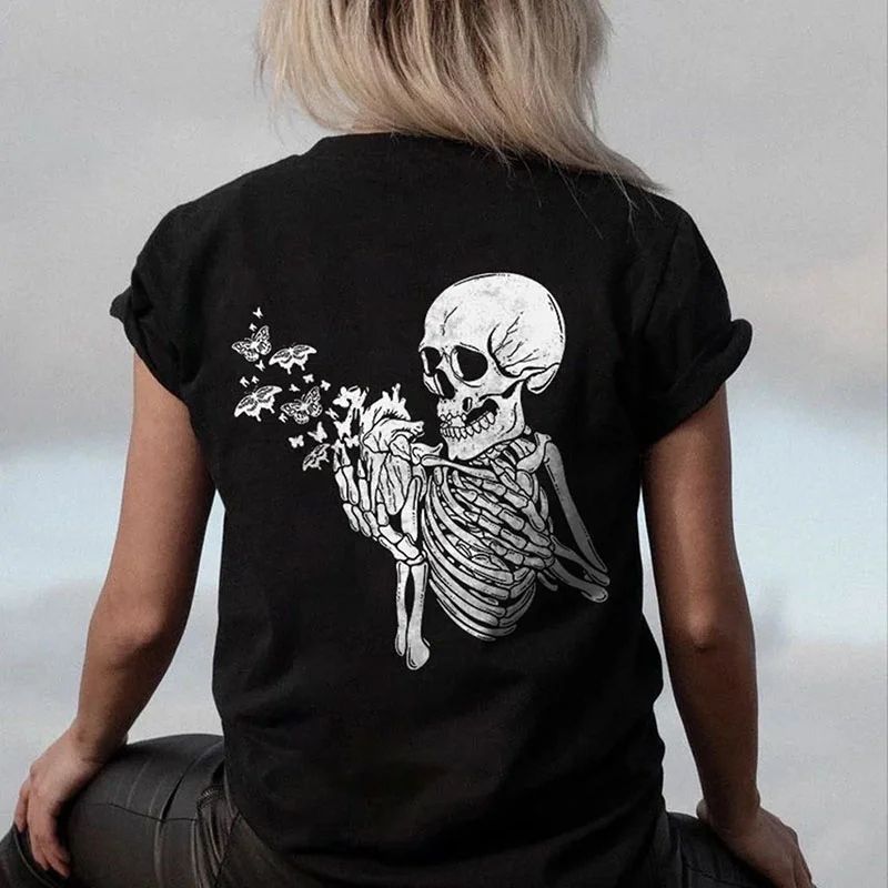 Skull with Bone Butterflies Graphic  Black Print T-shirt
