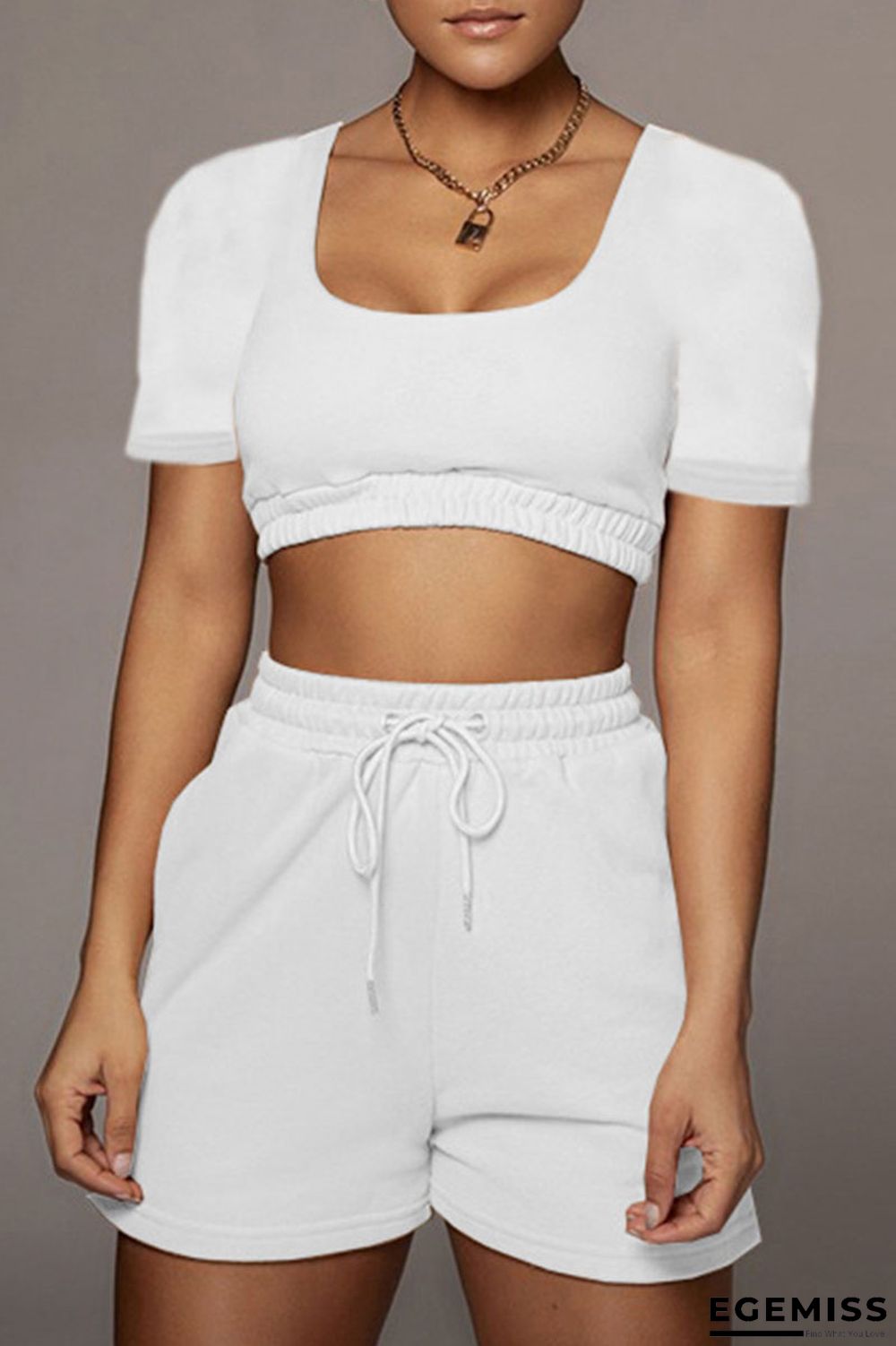 White Casual Solid Patchwork U Neck Short Sleeve Two Pieces | EGEMISS