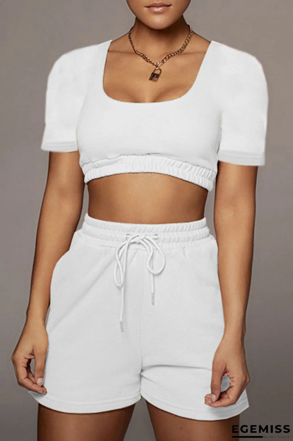 White Casual Solid Patchwork U Neck Short Sleeve Two Pieces | EGEMISS