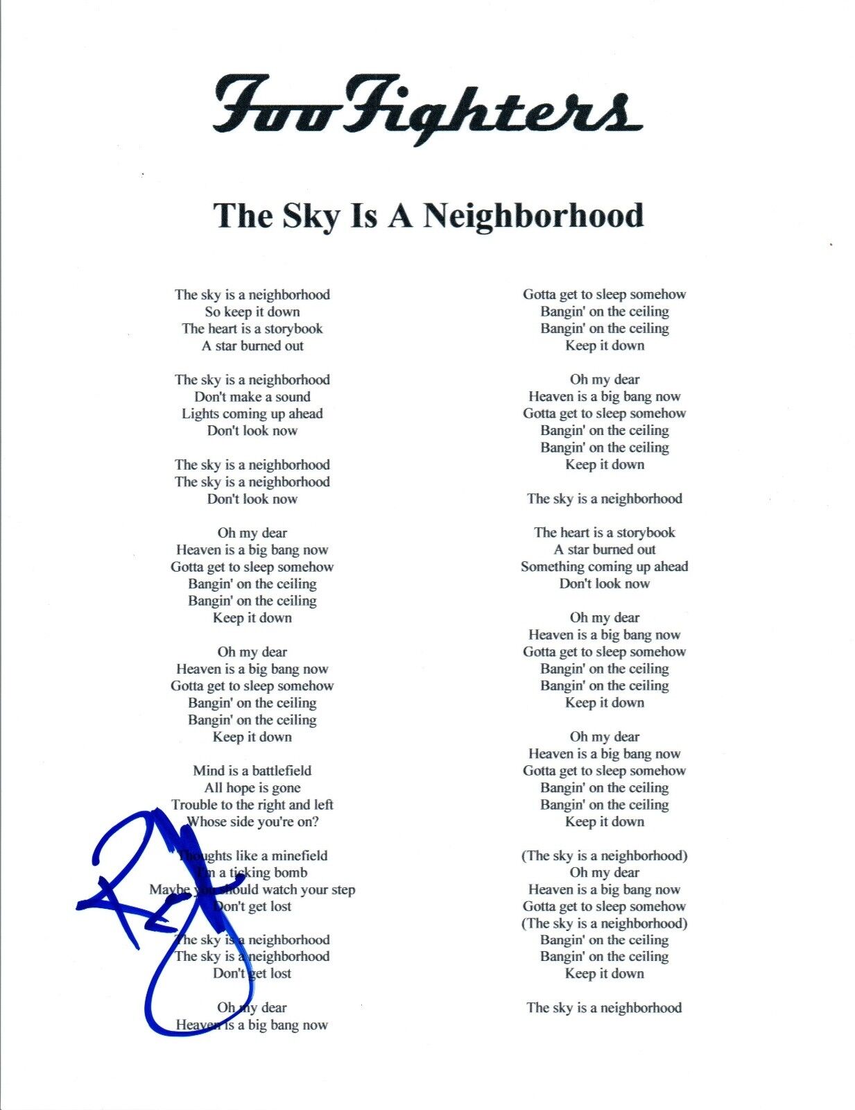 Rami Jaffee Signed Autograph THE SKY IS THE NEIGHBORHOOD Lyric Page Foo Fighters