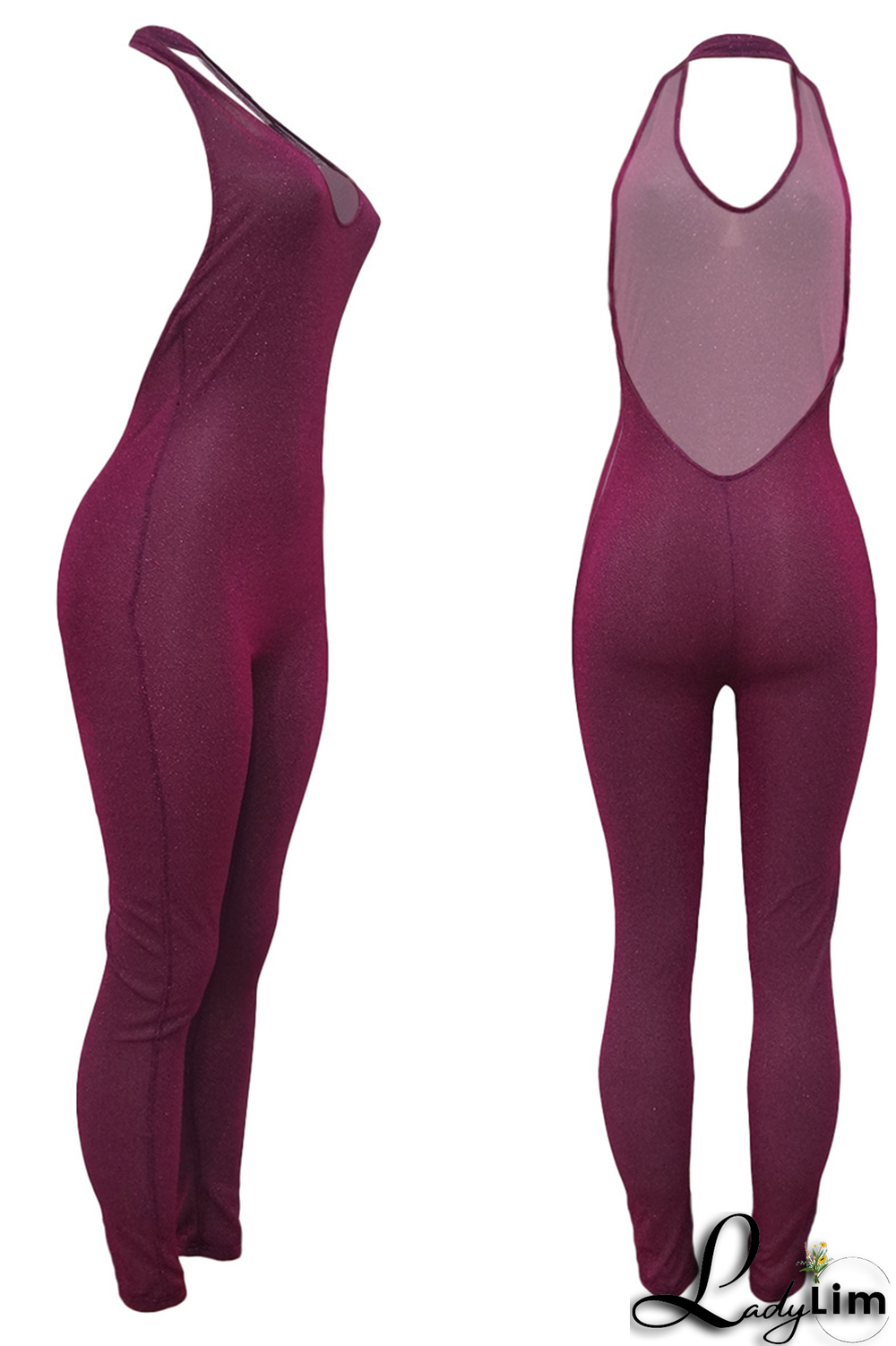 Pink Sexy Solid Patchwork Halter Skinny Jumpsuits