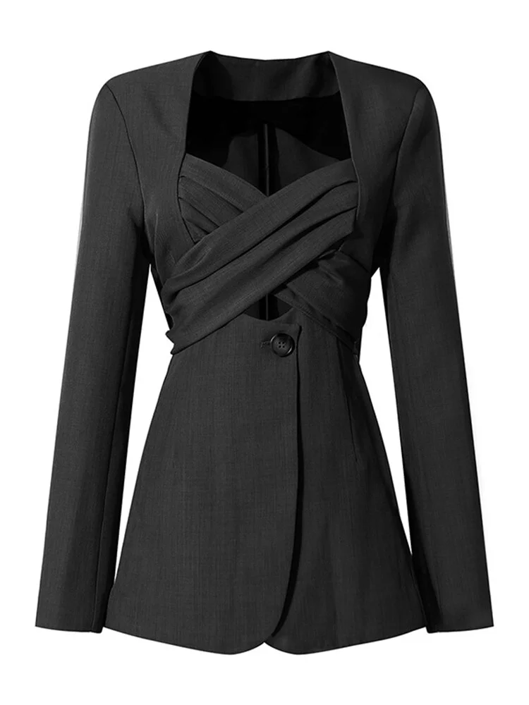 V-neck Long Sleeve Lace Up Blazers Coat Elegant Black Khaki Hollow Out Bow Cross Bandage Blazer Jacket Party Club Coat