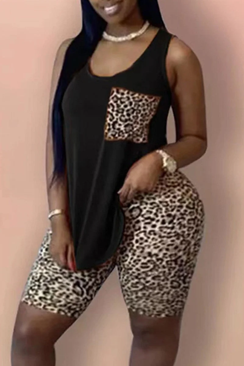 Fashion Casual Leopard Printing U Neck Plus Size Two Pieces