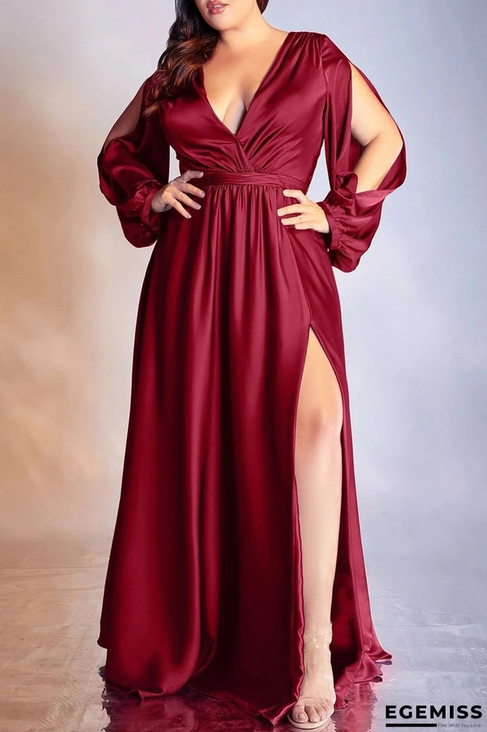 Red Fashion Sexy Solid Hollowed Out Slit V Neck Evening Dress Plus Size Dresses | EGEMISS