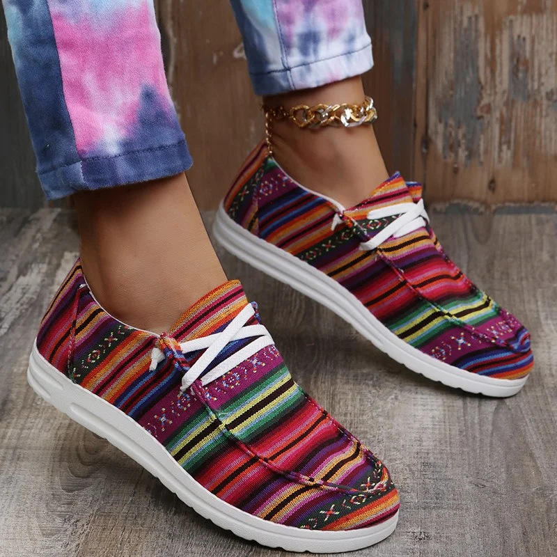 ound-toe shallow mouth color-blocking stripes ethnic style flat casual shoes