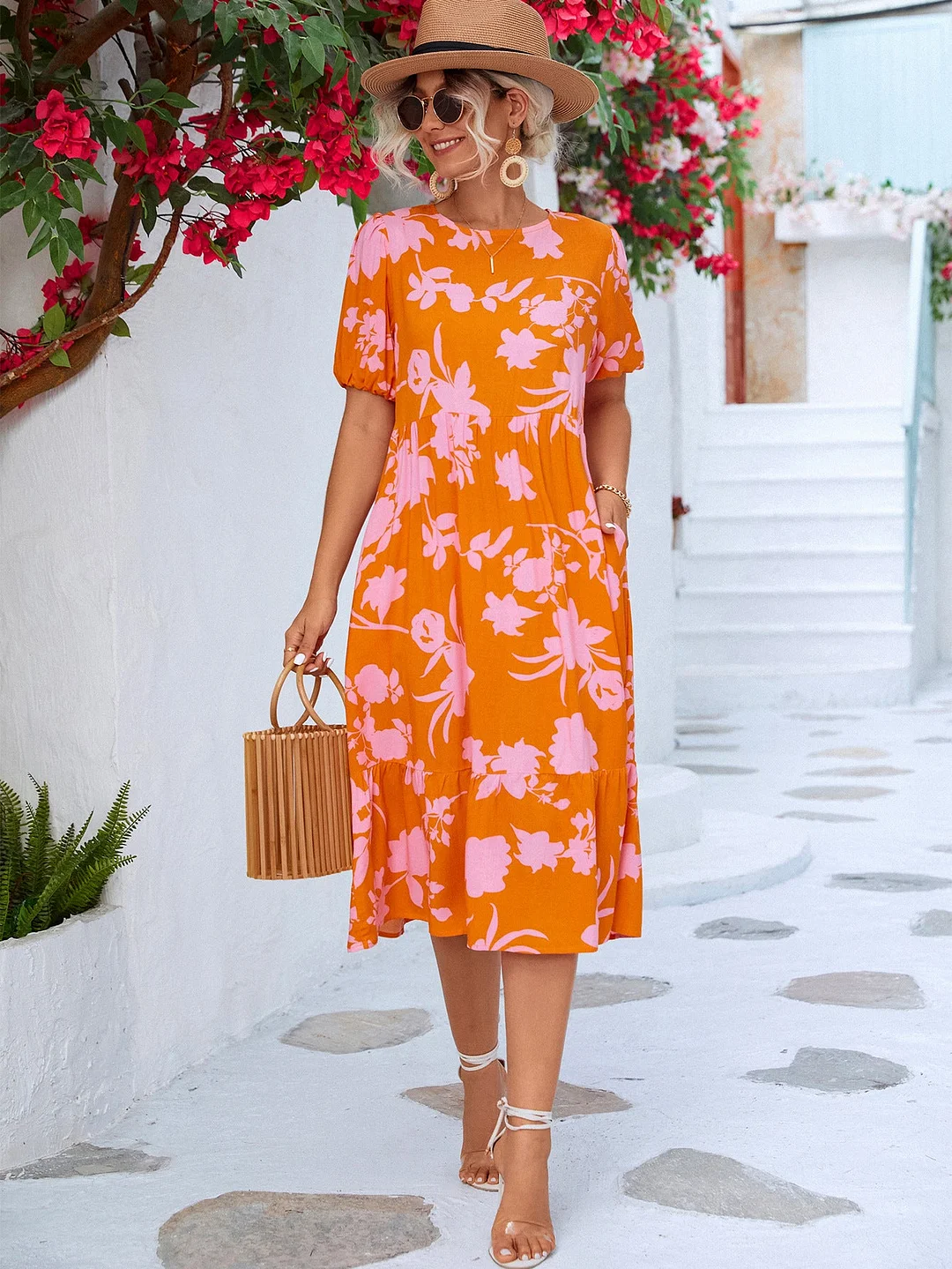 Brownm Classic Versatile Puff Sleeve Printed Dresses