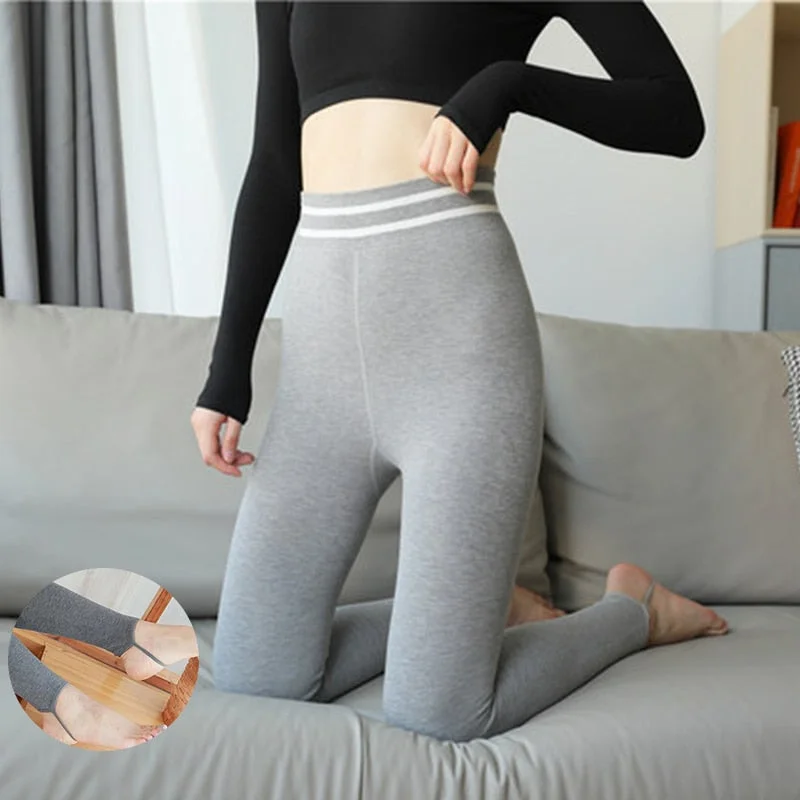 FINETOO Winter Velvet Leggings Body Slimming Cold-resistant Woman Striped Waist Legging Stretchy Comfortable Warm Fleece Pants