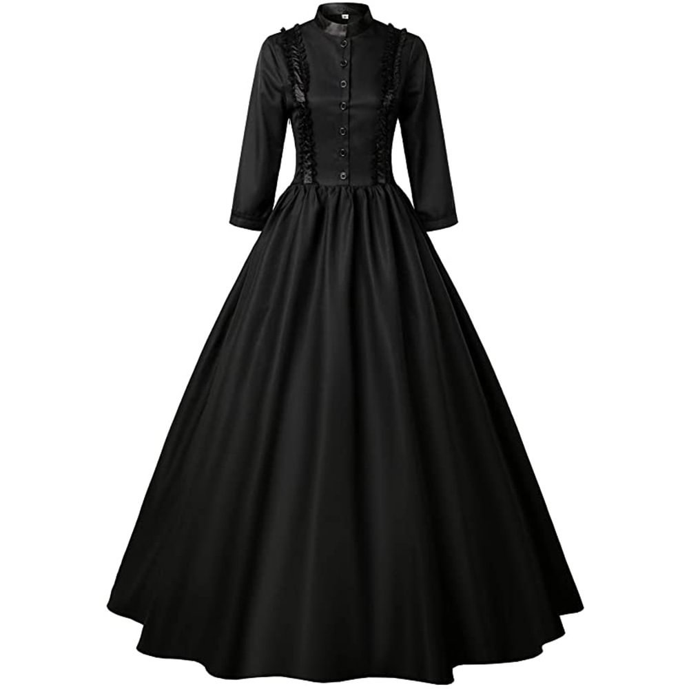 Medieval Retro Black Lace High Collar With Buttons Midi Dress