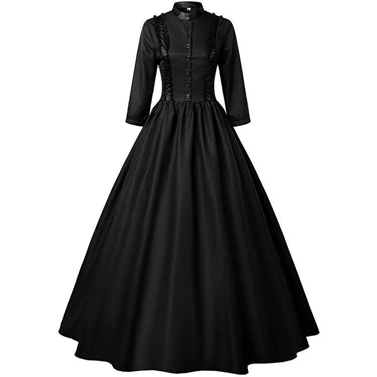 Medieval Retro Black Lace High Collar With Buttons Midi Dress
