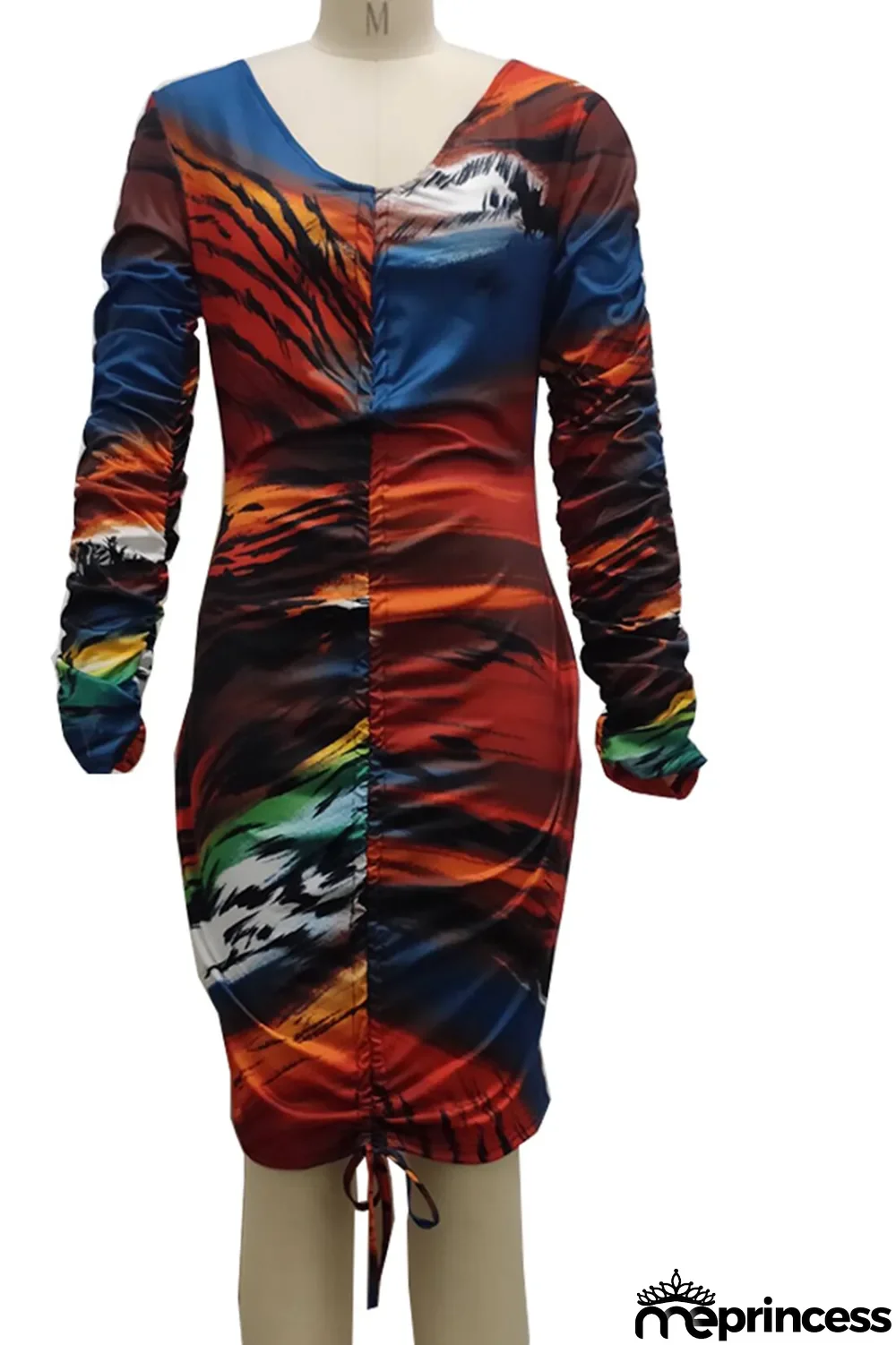 Multicolor Sexy Print Split Joint V Neck Pencil Skirt Dresses