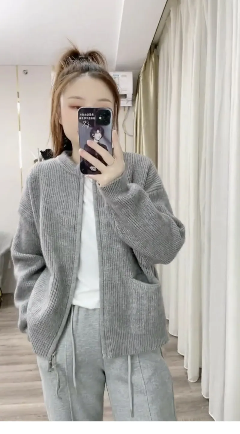 Churchf Color Lazy Wind Double-Headed Zipper Soft Waxy Sweater Autumn New Women's High-Level Versatile Knit Cardigan