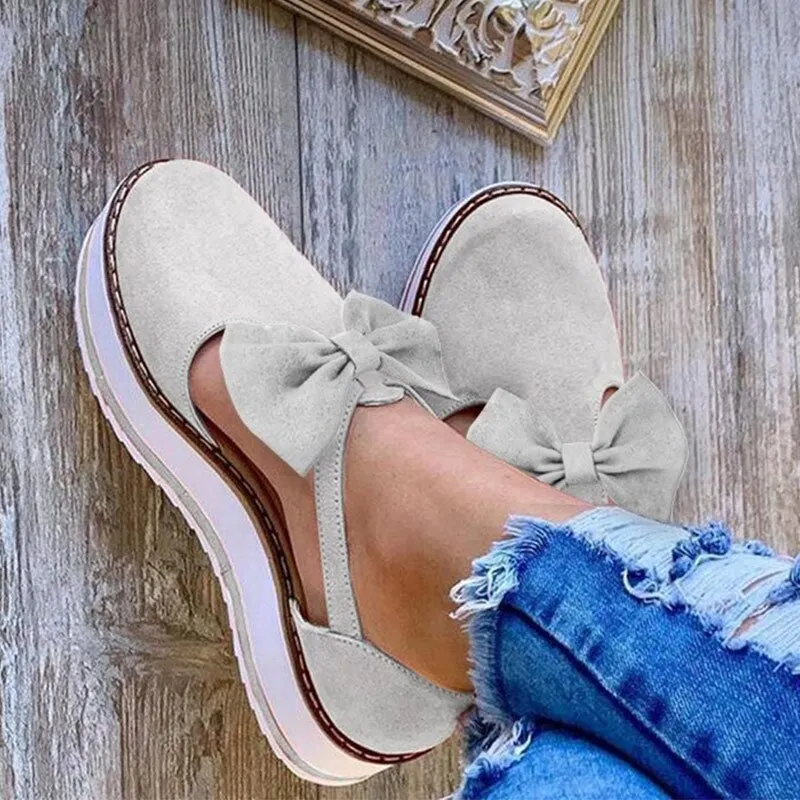 Women Bowtie Platform Flat Loafer Summer Shoes Ladies Slip On Cover Heel Shoes Female Sewing Woman Fashion Footwear Plus Size