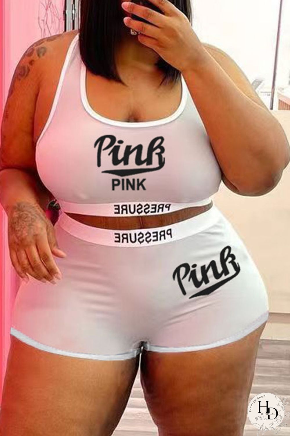 Blue Casual Letter Print Patchwork Spaghetti Strap Plus Size Two Pieces