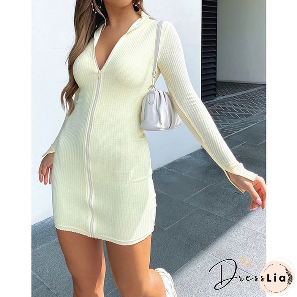 Autumn And Winter Ladies Casual Warm Slim Dress Long Sleeve Bodycon Dress Women Sexy Zipper Night Club Mini Dresses For Women