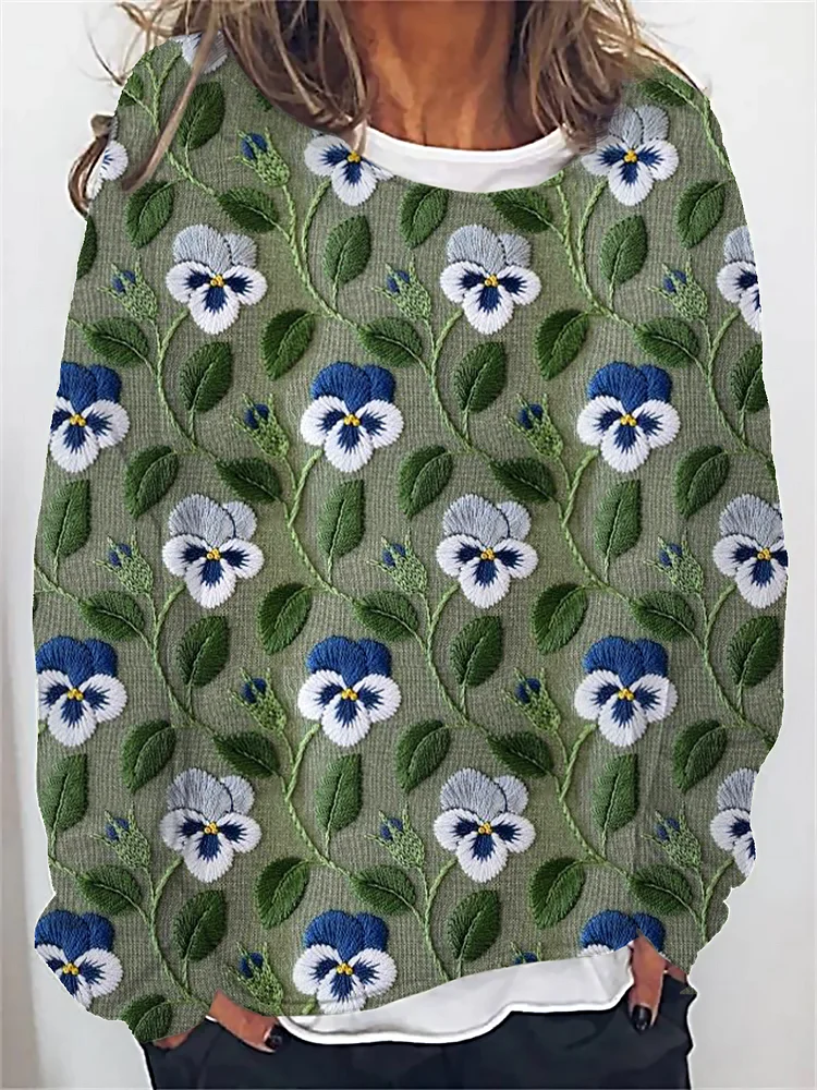 Women's Embroidery Floral Yarn Art Print Layered Sweatshirt