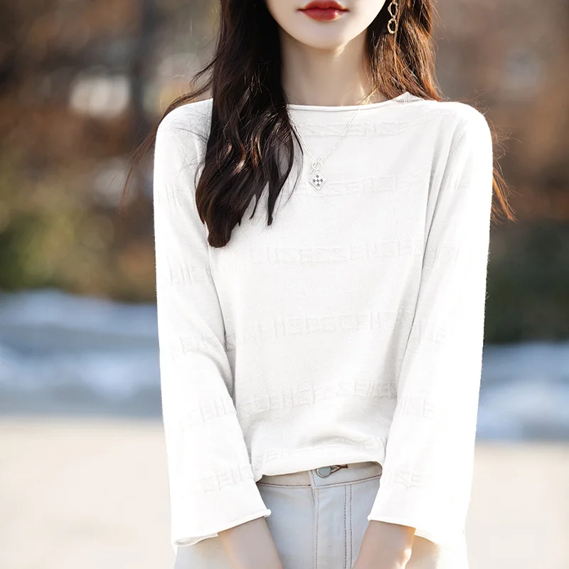 Churchf Churchf And Summer Thin Round Collar Jacquard Wool Knit T-Shirt Women's Seven Minute Sleeve Solid Color Bottom Sweater Middle Sleeve Cashmere Top