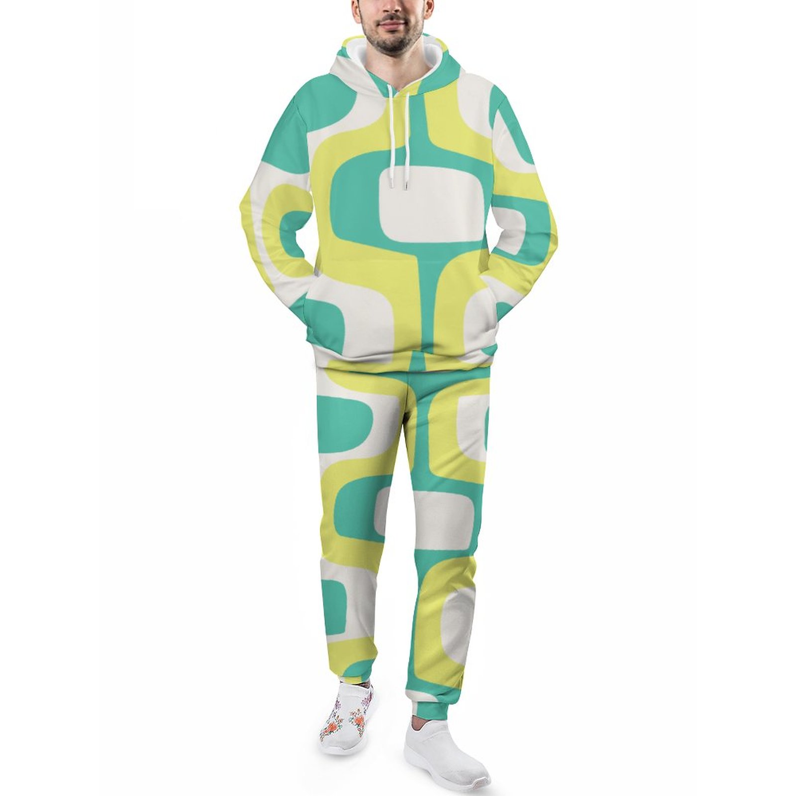 Bright Mint Chartreuse Mid Century Men's Tracksuit 2 Piece Hoodie Sweatsuit Sets Guys Streetwear Jogging Athletic Suits S-5Xl