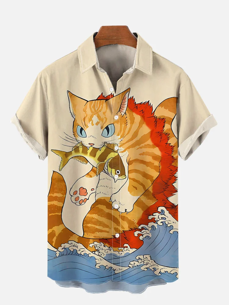 Men's Ukiyo-e Cat Print Shirt PLUSCLOTHESMAN