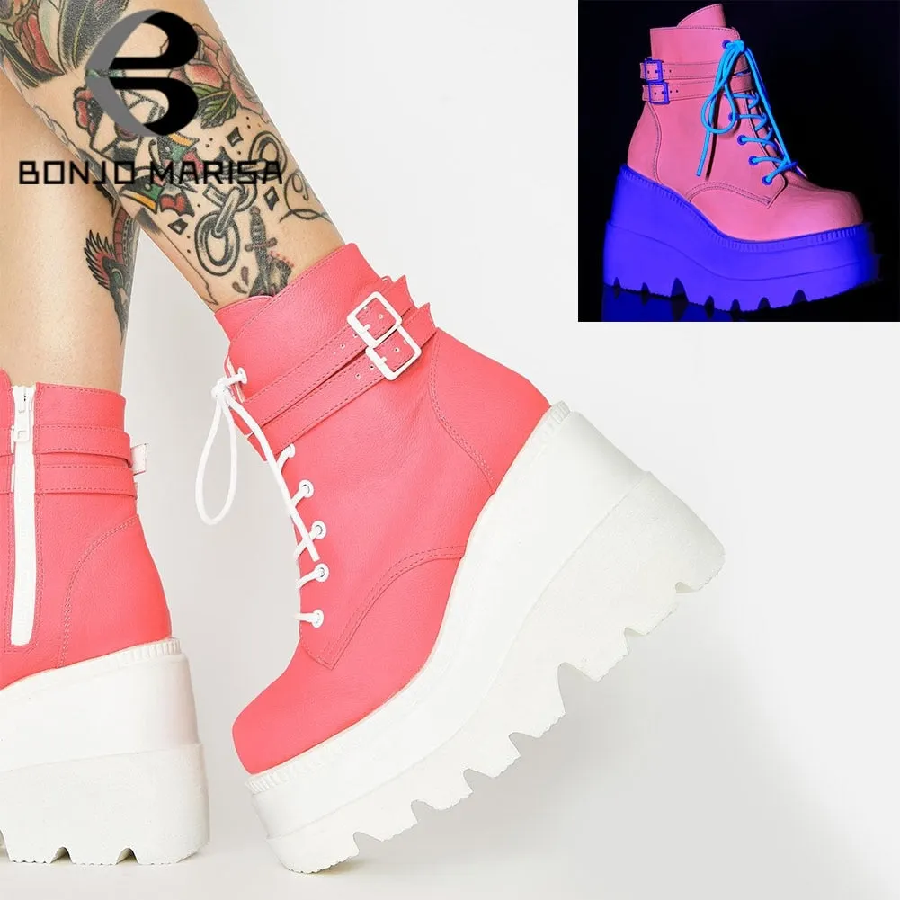 BONJOMARISA New Arrivals Brand Designer Platform Wedges Lace Up women's Boots Cool Street Punk Goth Fluorescent Treny Shoes Lady