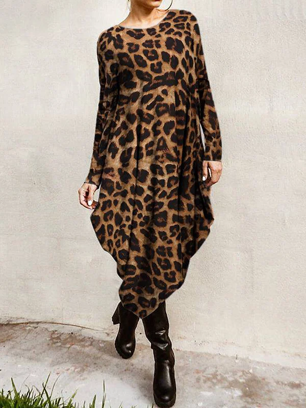 Roomy Leopard Long-Sleeves High-Low Long Dress