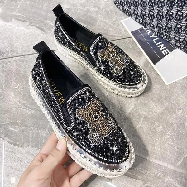 Moccasin Shoes Casual Female Sneakers Crystal Round Toe Loafers With Fur Platform Autumn Slip-on Dress Flats Women Modis