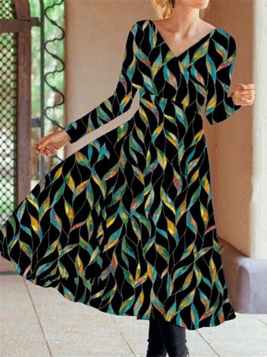 Women Long Sleeve V-neck Printed Midi Dress