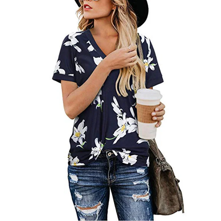 Women's Loose V-Neck Printed Short Sleeve T-Shirt