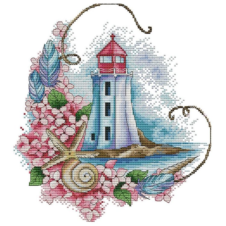 Joy Sunday - Sea Star Lighthouse - 14CT 2 Strands Threads Printed Cross Stitch Kit - 28x31cm(Canvas)