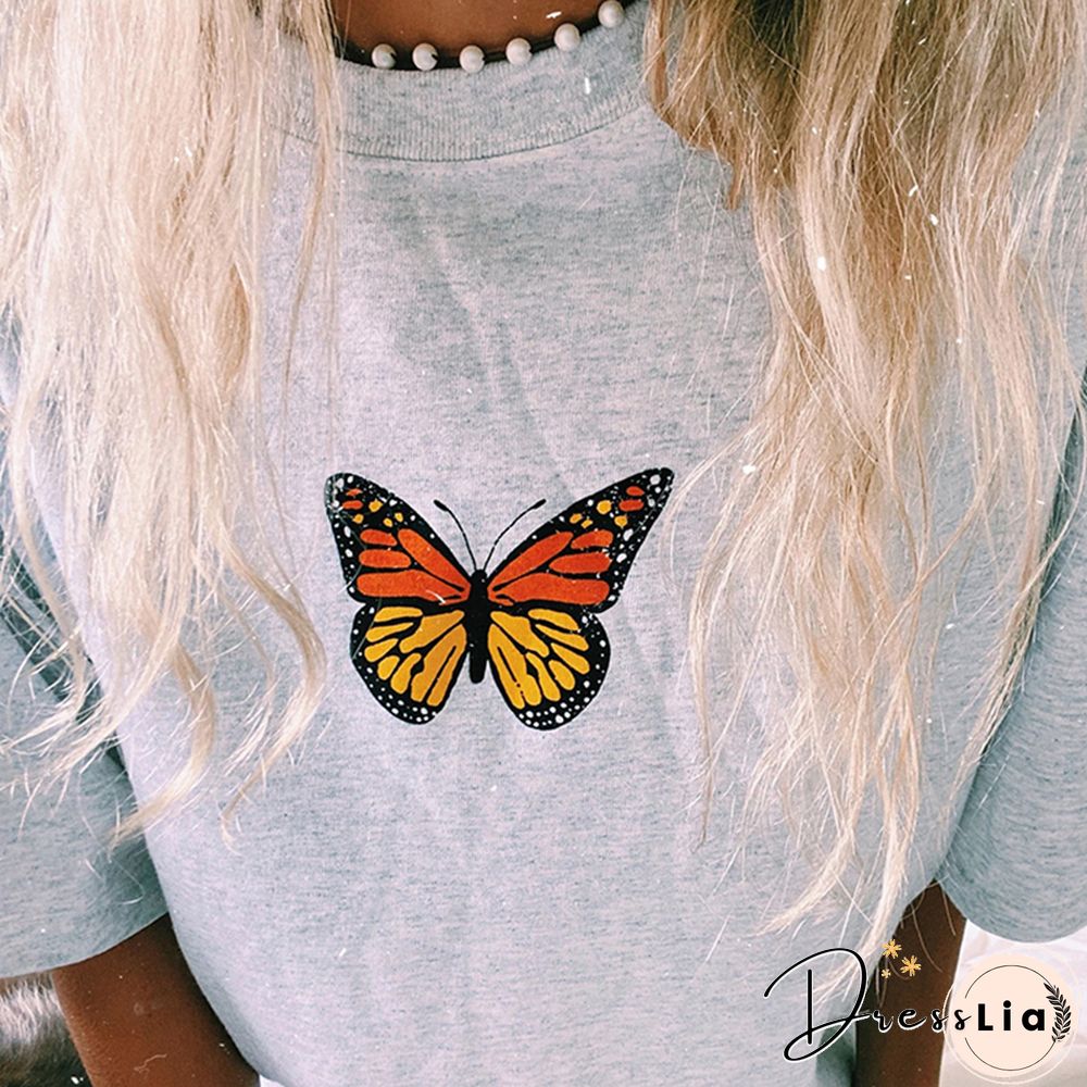 Casual Grey Butterfly Print T-Shirt