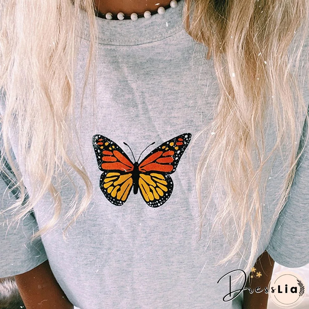 Casual Grey Butterfly Print T-Shirt
