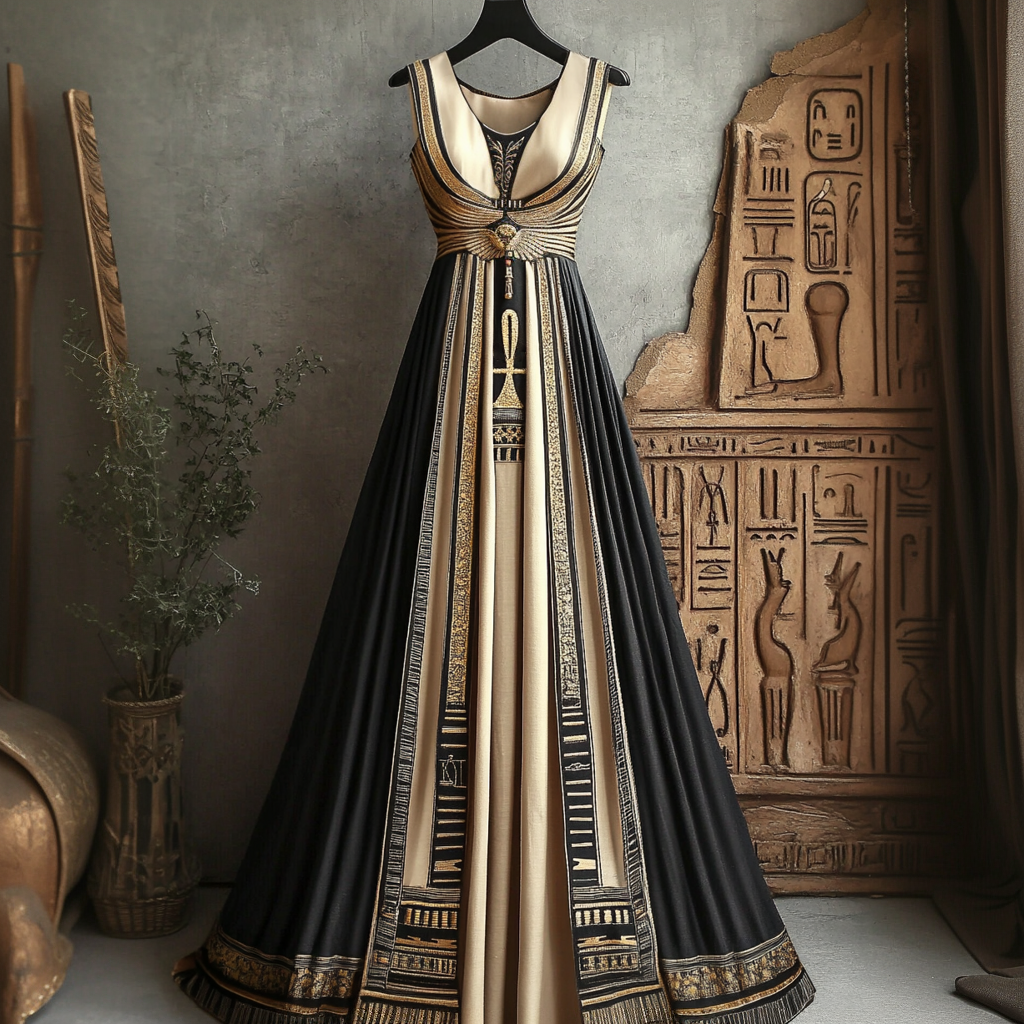 Women's Vintage Ankh Ancient Egyptian Embroidered Linen Maxi Dress