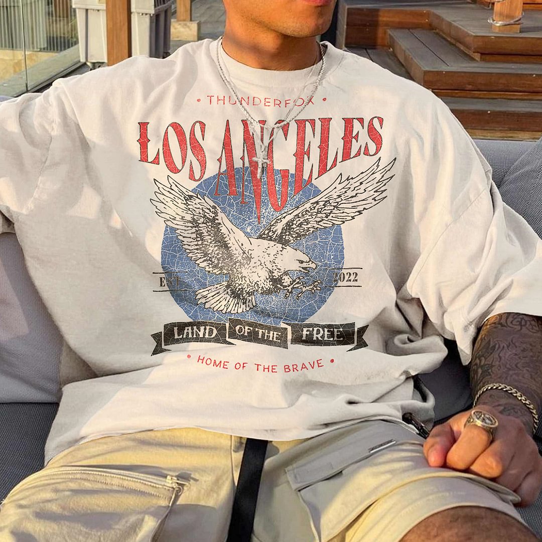 Retro Men's Los Angeles Print Oversized T-shirt、、URBENIE
