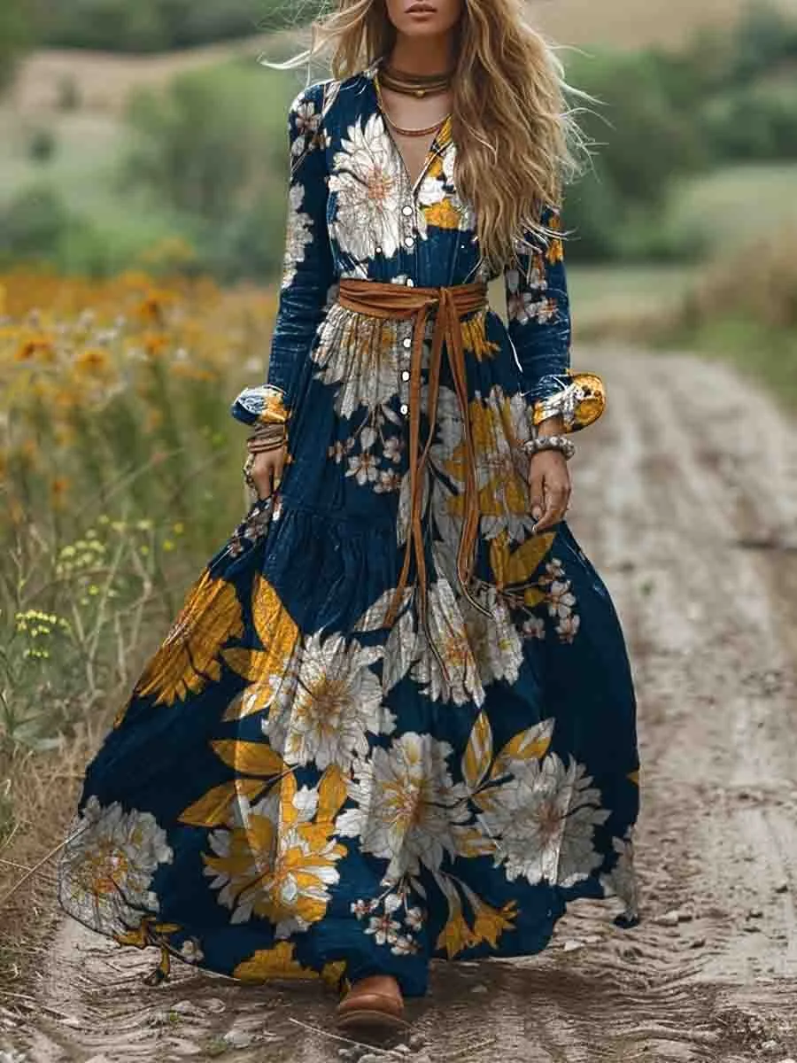Women's Shirt Collar Long Sleeve Position Print Pocket Cotton A-Line Dress