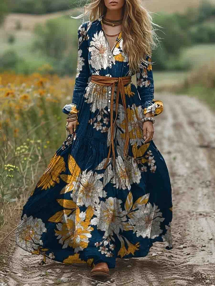 Women's Shirt Collar Long Sleeve Position Print Pocket Cotton A-Line Dress
