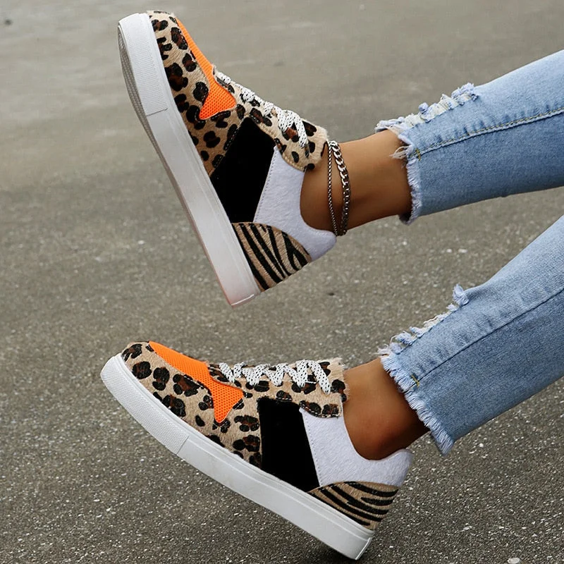 Women High Street Fluff Sneakers Contrast Color Leopard Canvas Shoes Casual Lace-Up Girls Flat Heel Vulcanized Shoes