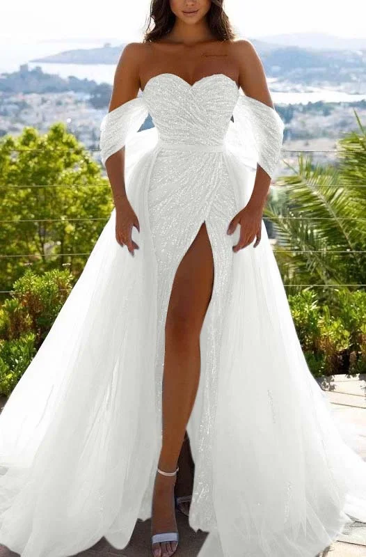Off-the-Shoulder Sky Blue Prom Dress Sequins With Slit PD0576