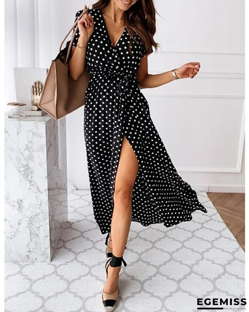 Women's Wrap Dress Maxi long Dress - Short Sleeve Polka Dot Print Summer V Neck Hot Casual Sexy Black Blue Blushing Pink Dark Green S M L XL XXL 3XL Black Dresses | EGEMISS