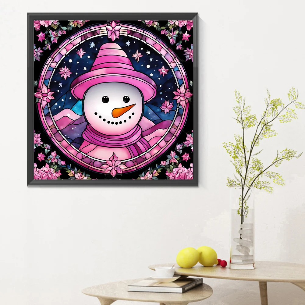 Full Round Diamond Painting 30*30cm - Pink Snowman Glass Painting