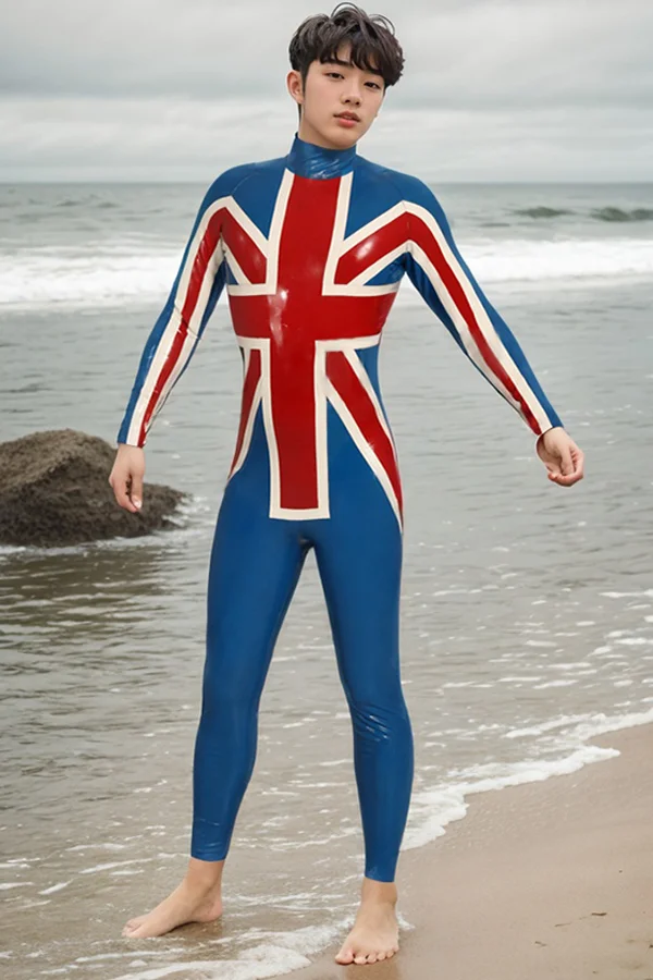Men Latex Catsuits "Double Cross" Union Jack Back Zipper