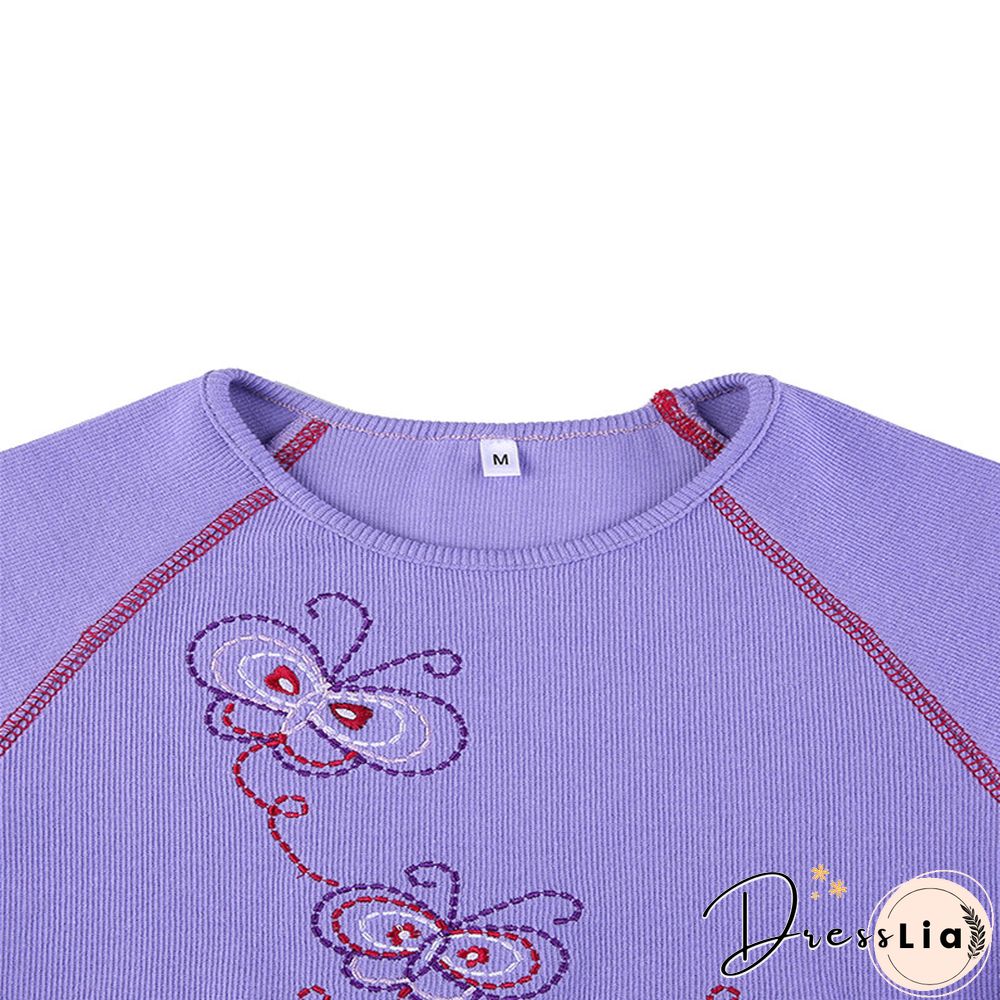 Summer Womens Casual Round Collar T-Shirt Creative Embroidery Short Sleeve Midriff-Baring