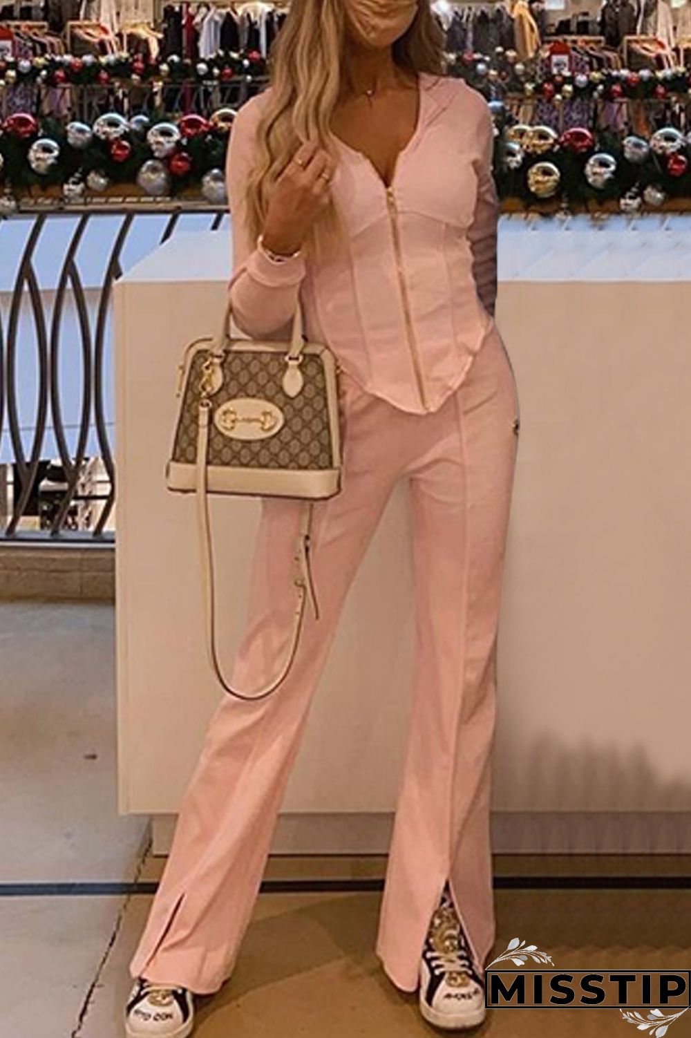 Pink Fashion Casual Solid Slit Hooded Collar Long Sleeve Two Pieces