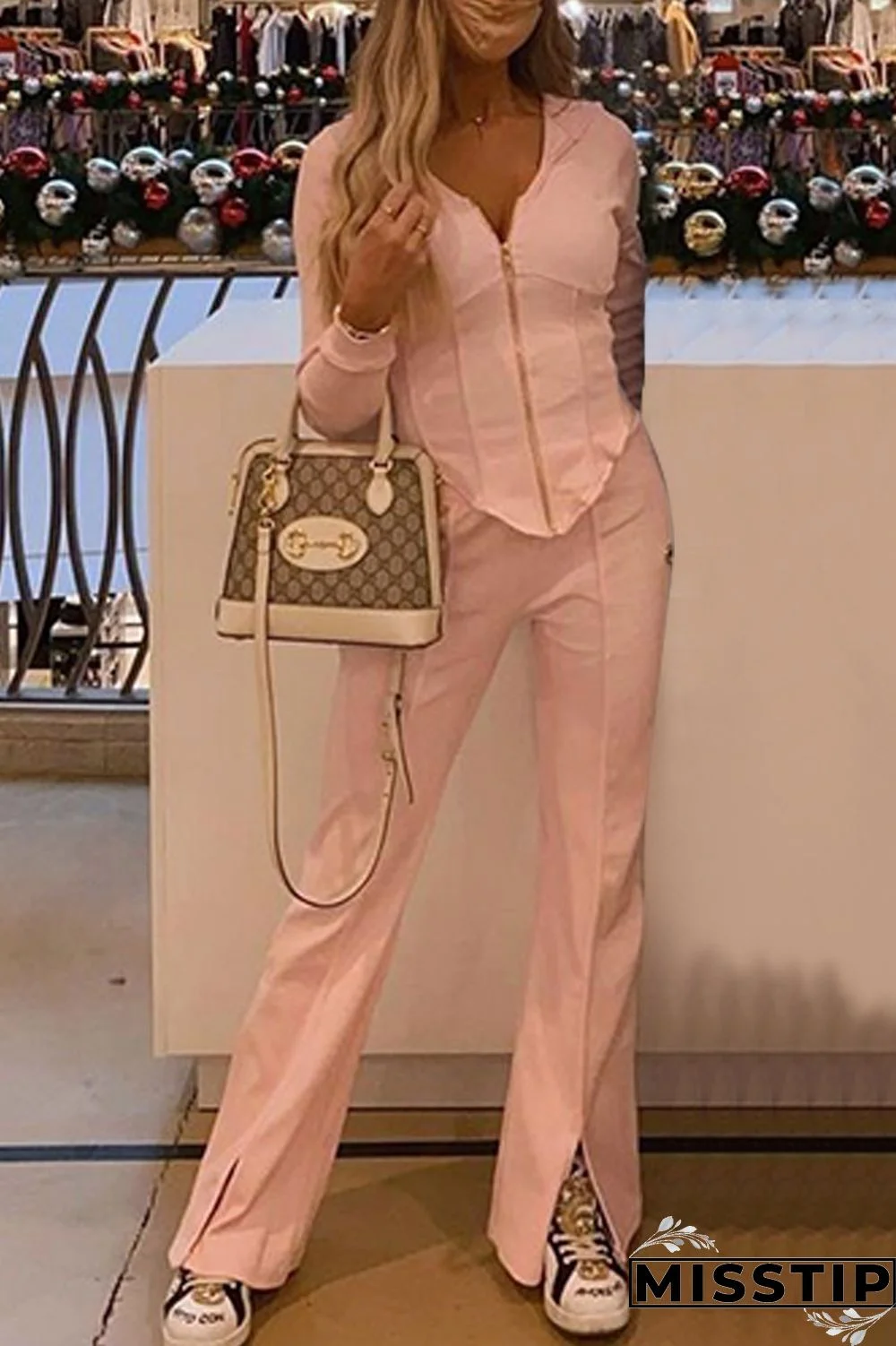 Pink Fashion Casual Solid Slit Hooded Collar Long Sleeve Two Pieces