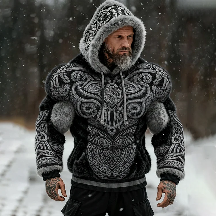 Men's Viking Tribal Jacquard Muscle Line Inspired Art Plush Warm Hoodie