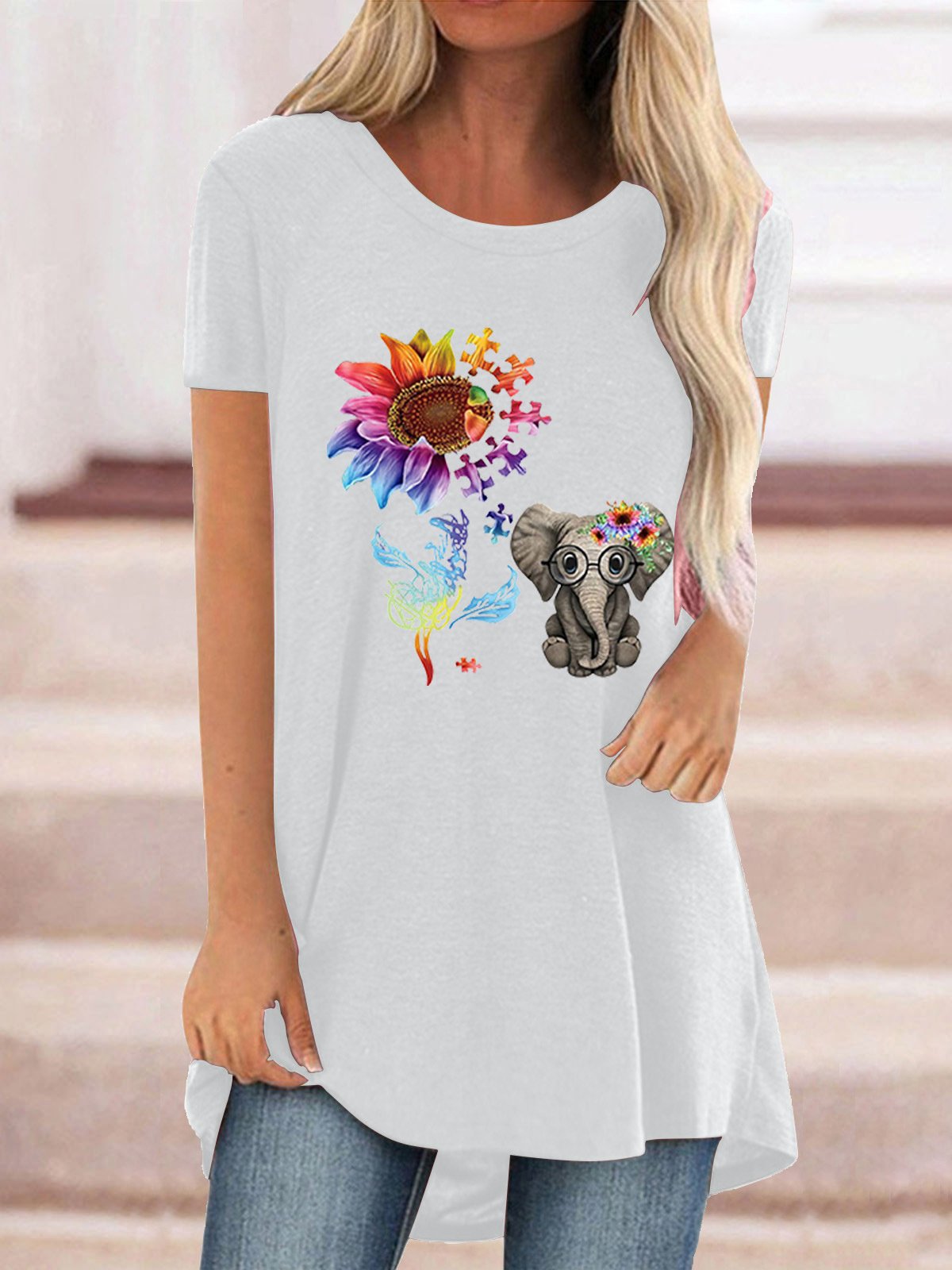 Women Casual Short Sleeve Scoop Neck Floral Printed Tops