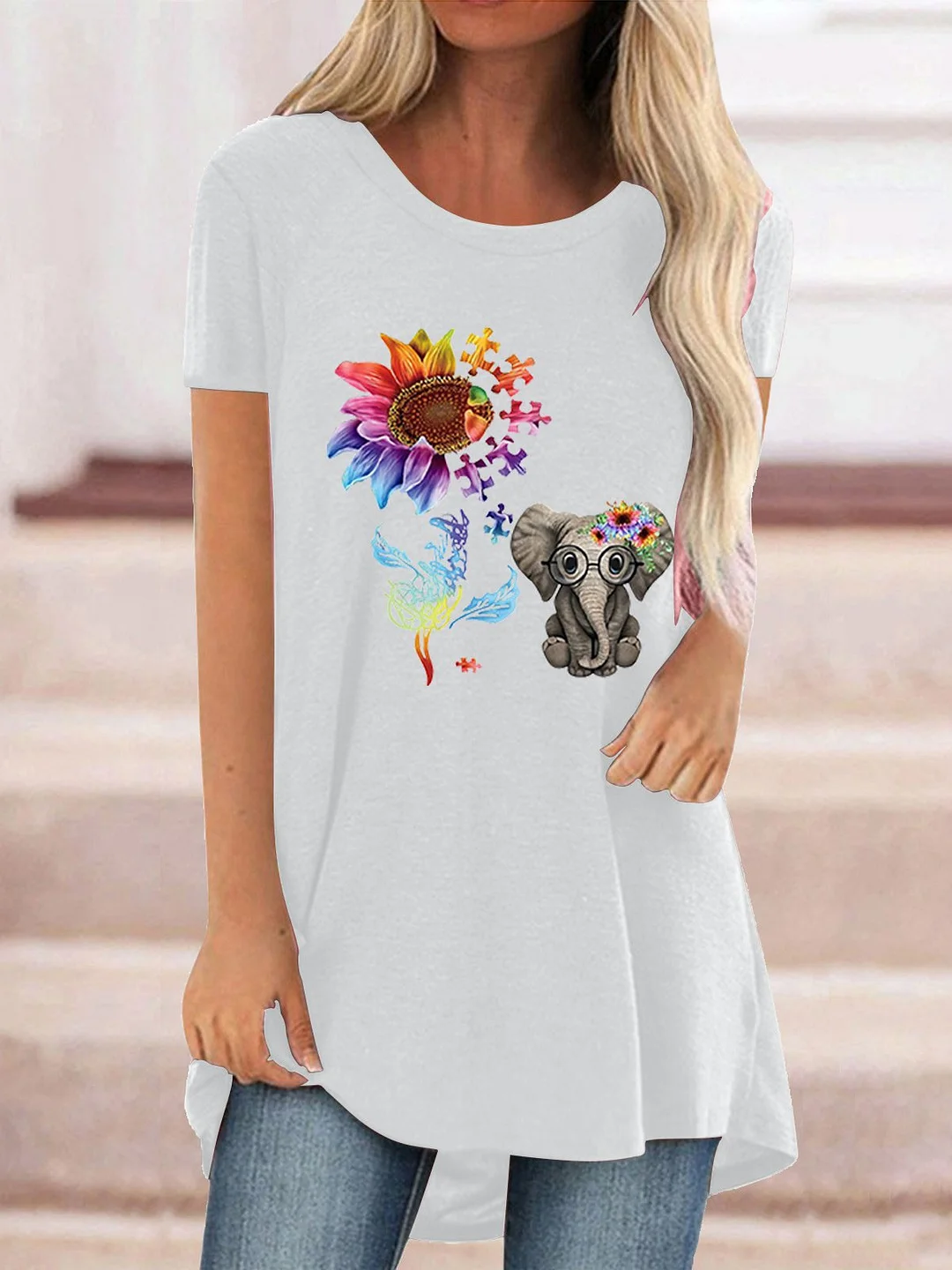 Women Casual Short Sleeve Scoop Neck Floral Printed Tops