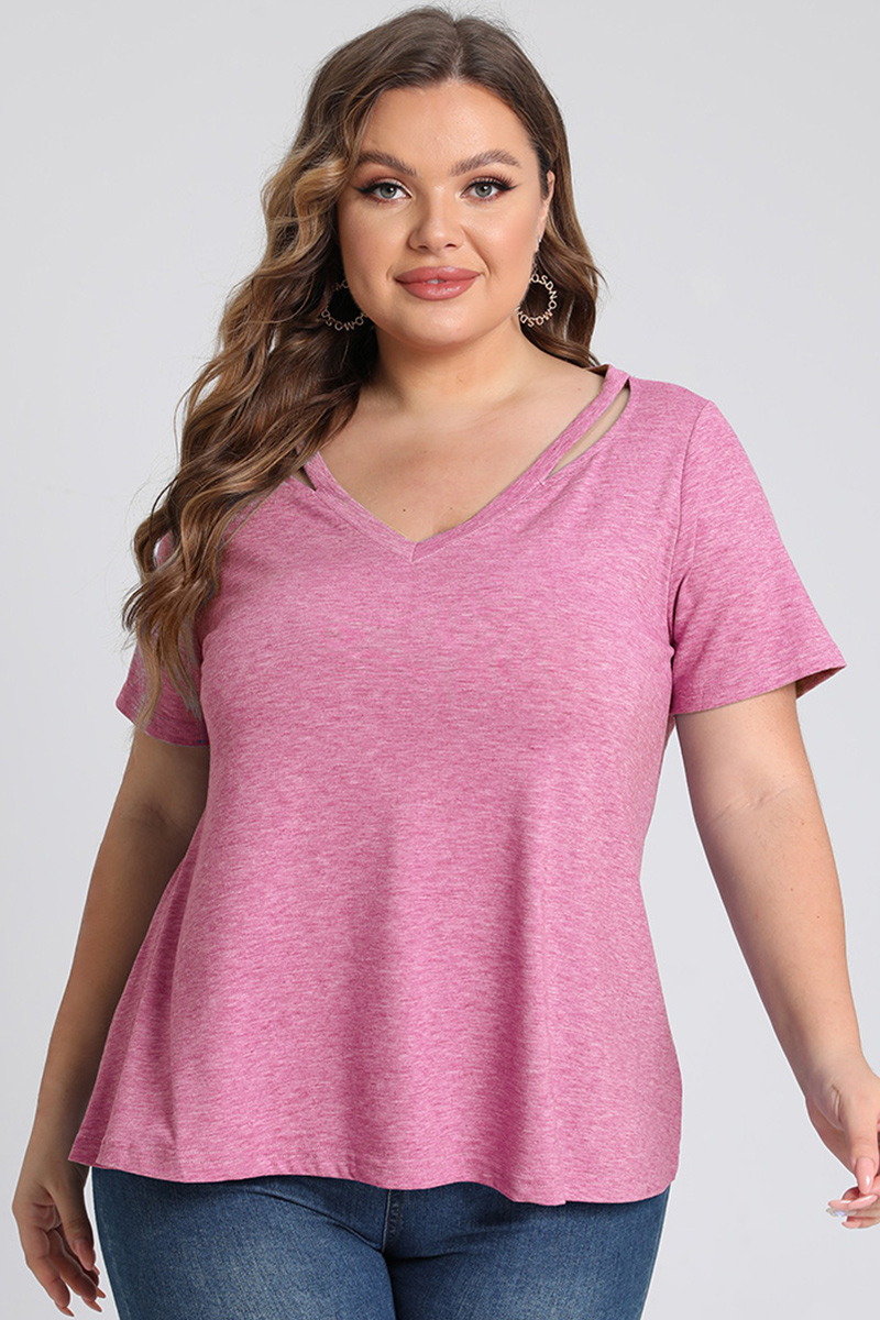 Plus Size Hollowout V Neck Short Sleeve Solid Blouse 2024 - Flycurvy 