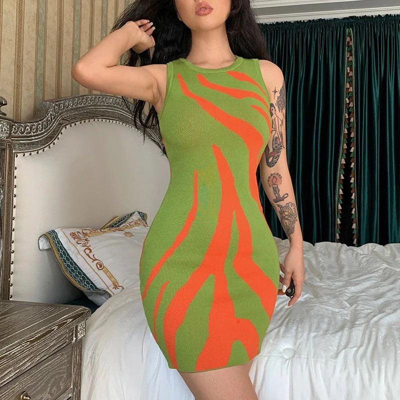 Sampic Patchwork O Neck 90s Holiday Green Knit Summer Beach Casual Chic Y2K Mini Bodycon Dress Women 2021 Sexy Wrap Party Dress